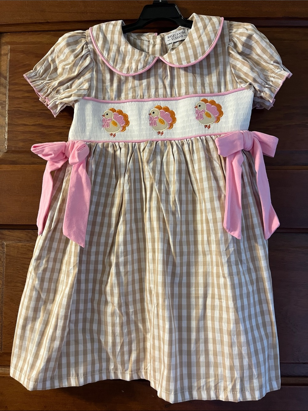 Children's Pink & Tan Gingham Embroidered Turkey Dress